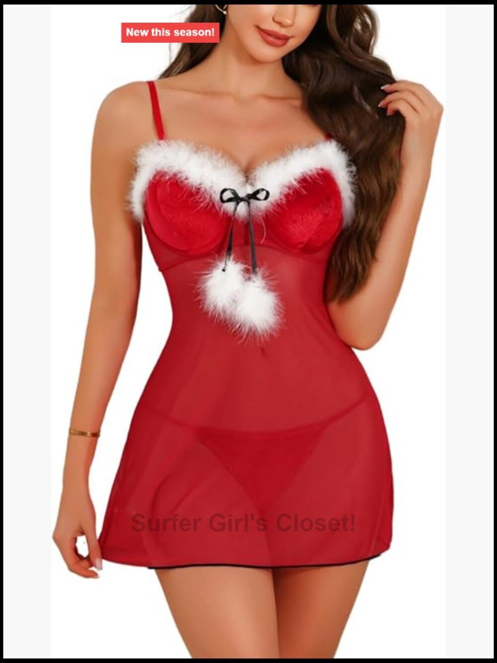 Sheer Mesh Babydoll Lingerie Set Feather Trim V-Neck Christmas Boudoir